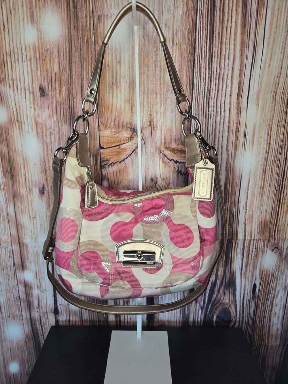 Coach Kristen Op Art Sequin Hobo Shoulder Bag with Metallic Gold Trim
